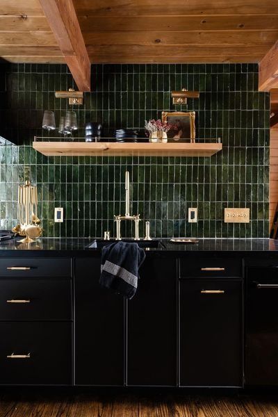 Moody Backsplash Tile, Moody Kitchen Backsplash, Moody Backsplash, Studio Mcgee Design, Mcgee Design, Brass Switch Plates, Brass Switch, Moody Kitchen, Zia Tile