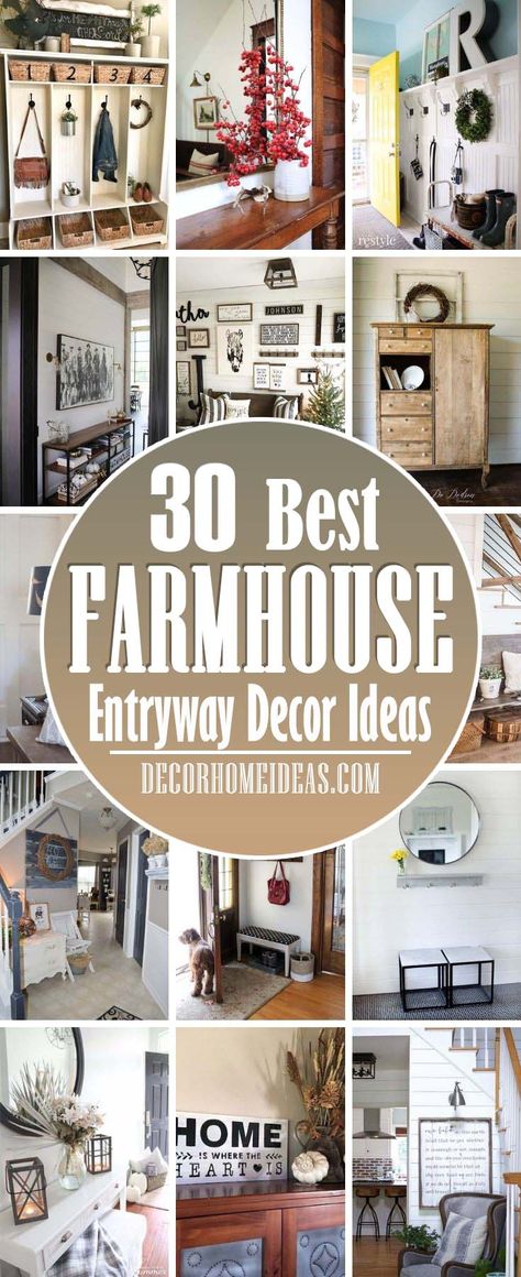 Entry Way Farmhouse Decor Ideas, High Shelf Decorating Ideas Entryway, Farmhouse Front Entrance Entryway, Vintage Farmhouse Entryway Ideas, Rustic Farmhouse Entryway Table, Boho Farmhouse Entryway Ideas, Front Door Mudroom Entryway Farmhouse, Modern Farmhouse Entryway Artwork, Cottage Style Entryway Ideas