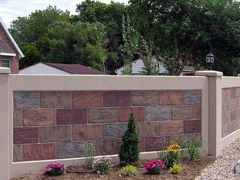 Concrete Fence Wall, Moderne Have, Fence Wall Design, Compound Wall Design, Gate Wall Design, Stone Wall Panels, Stone Fence, Front Wall Design, Boundary Wall