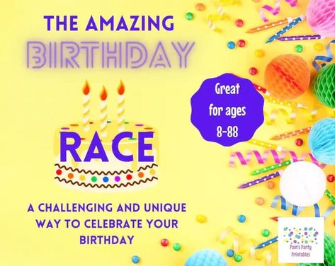 The Amazing Birthday Race to the gifts - A unique birthday party game that is part relay race, part escape room game. At home birthday party idea. Find it on Pam's Party Printables. At Home Birthday Party, Girls Night Out Games, Escape Room At Home, At Home Birthday, Home Birthday Party, Unique Birthday Party, Birthday Party Game, Relay Races, Escape Room Game