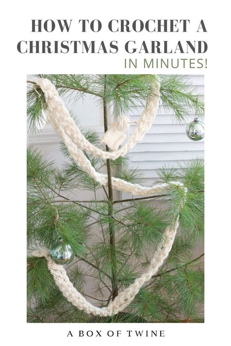 Quick Crochet pattern - check out this easy crochet Christmas garland pattern. Hang the yarn garland on your Christmas tree, banister, or mantel. It takes minutes to make! #crochetgarland #christmasgarland #easycrochet Crocheted Christmas Tree Garland Free Pattern, Crochet Chain Garland, Easy Crochet Christmas Garland, Crocheted Christmas Tree Garland, Crochet Tree Garland Free Pattern, Chunky Crochet Garland, Simple Crochet Garland, Crochet Garland For Christmas Tree, Crocheted Garland Christmas