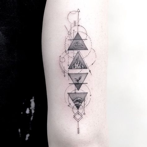 Elements tattoo by Gloria Tattoo #GloriaTattoo #AlchemyTattoo #Fineline #4elements #Fire #Earth #Water #Air | Jan 17th 2020 | 1282174 Four Elements Tattoo, Tato Geometris, Element Tattoo, Tato Suku, Alchemy Tattoo, Tato Dengan Makna, Earth Tattoo, Air Tattoo, Circle Tattoo