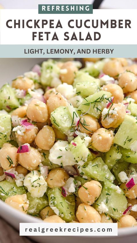 A light and refreshing salad made with chickpeas, cucumber, feta, and fresh herbs like mint and dill. Perfectly balanced with lemon zest and olive oil, this Greek dish is filling, healthy, and flavorful. #Greekrecipe #chickpeas #salad #easyrecipe #fetacheese #healthyfood #foodie Healthy Feta Salad, Cucumber Meal Prep, Dinners With Cucumbers, Zucchini Feta Salad, Taziki Chickpea Salad, Greek Zucchini Salad, Diabic Recipes, Cucumber Salad With Feta Cheese, Cucumber Greek Salad Recipe