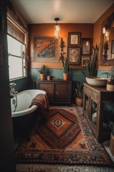 western boho bathroom Boho Rustic Cabin, Cute Western Bathroom Ideas, Western Style House Interiors, Boho And Farmhouse Decor, Colorful Bohemian Bathroom, Green And Rust Office, Boho Bathroom Shower Ideas, Vintage Kitchen Tools Display, Witchy Western Aesthetic Home