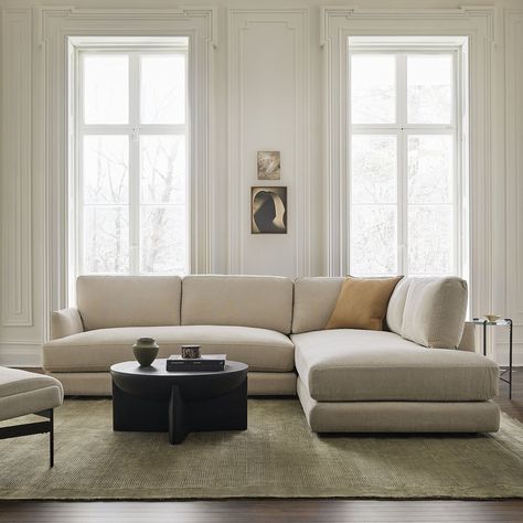 Haven 2-Piece Bumper Chaise Sectional (106"–113") | West Elm West Elm Haven Sectional, Chaise Couch Living Room Layout, Living Room Design With Sectional, L Couch Living Room, 2 Piece Sectional With Chaise, Living Room Designs With Sectional, West Elm Sectional, Sectionals Living Room, Modern Sectional Living Room