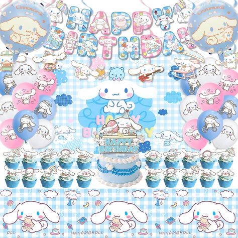 PRICES MAY VARY. 【Package Includes】 This Cinnamoroll Birthday Decorations kit includes 1pcs Happy Birthday Banner, 1pcs Backdrop, 1pcs Tablecloth, 1pcs Cake Topper, 2pcs Foil Balloons, 6pcs Hanging Swirls, 24pcs Cupcake toppers, 15pcs Latex Balloons(3style). It has everything you need for a Cinnamoroll themed birthday party. 【Unique Design】 The vivid print and vibrant colors of our Cinnamoroll party supplies set will create the most celebratory atmosphere for you and your guests. With its stylis Cinnamon Roll Birthday Party, Cinnamoroll Party, Cinnamoroll Theme, Cinnamoroll Birthday, Backdrop Balloons, Hello Kitty Birthday, Party Inspo, Kids Gift Guide, Blue Birthday