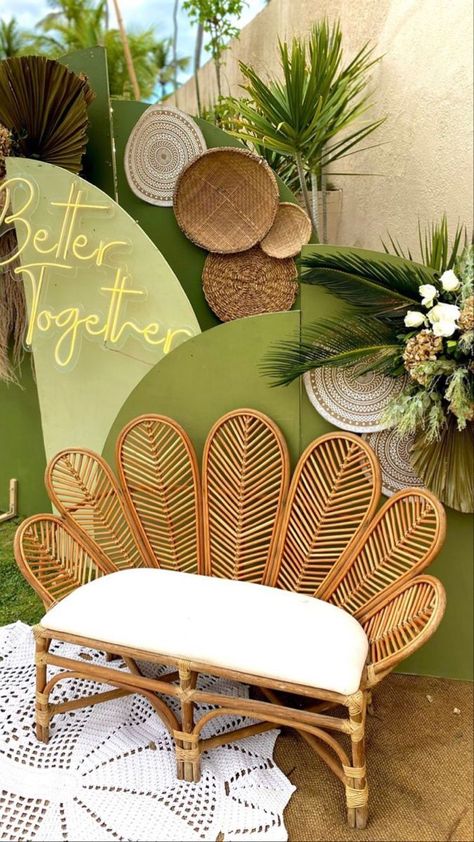 Home decor ideas living room home decor styles home flowers decoration Boho Wooden Chair, Rattan Photo Backdrop, Tropical Chair Decor, Boho Art Deco Wedding, Safari Event Decor, Tropical Event Design, Tropical Pelamin, Rattan Party Decor, Wicker Backdrop