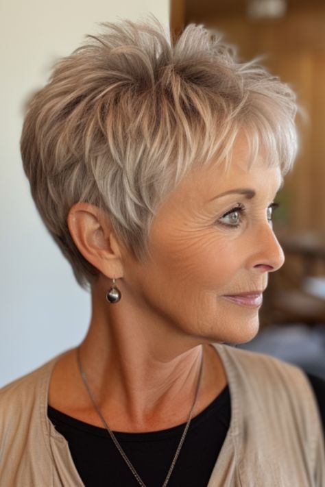 Sporting jagged layers in an edgy pixie cut is guaranteed to catch attention. If you have hair these jagged layers will add texture and volume effortlessly. Click here to check out more classic short haircuts for older women. Pixie Haircut Fine Hair, Short Spiked Hair, Chic Short Haircuts, Short Sassy Haircuts, Short Spiky Hairstyles, Short Silver Hair, Short Hair Pixie Cuts, Spiked Hair, Messy Short Hair