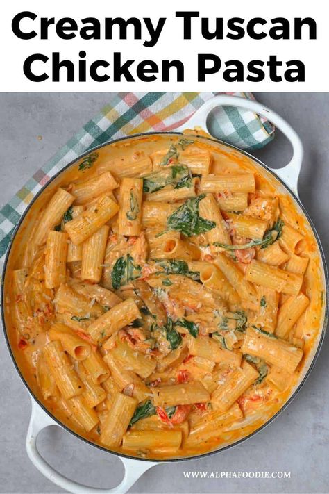 Restaurant-quality creamy Tuscan chicken pasta in under 30 minutes - a rich pasta dish made with seasoned chicken in a garlicky tomato, spinach, & parmesan cream sauce. Cream Chicken Pasta, Chicken Tomato Pasta, Chicken Pasta Dish, Creamy Tuscan Chicken Pasta, Creamy Spinach Chicken, Spinach Parmesan, Tuscan Pasta, Chicken Spinach Pasta, Creamy Tomato Pasta