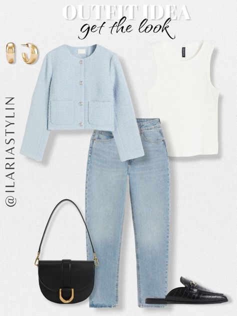 fashion inspo, summer fashion, summer outfit, summer outfit idea, transitional outfit, outfit inspo, comfy chic, classic chic, effortless chic, workwear outfit, bouclé jacket, tweed jacket, blue jacket, white top, tank top, jeans style, blue jeans, mom jeans, mule loafers, slip on loafers, black bag, handbag, shoulder bag, style inspo, women fashion Blue Boucle Jacket Outfit, Light Blue Jacket Outfit, Light Blue Outfit Ideas, Light Blue Cardigan Outfit, Boucle Jacket Outfit, Blue Jean Jacket Outfits, Blue Cardigan Outfit, Black Cardigan Outfit, Blue Sweater Outfit