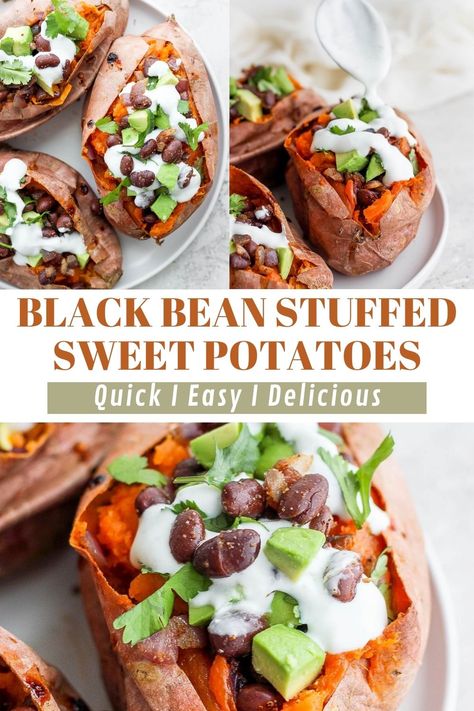 If you're looking for an easy AND filling vegetarian dinner idea, you're going to LOVE these Black Bean Stuffed Sweet Potatoes! They come together with just a few simple ingredients and are very easy to customize based on your personal preferences. Vegan Sweet Potatoes, Sweet Potato Chocolate, Stuffed Sweet Potato, Stuffed Sweet Potatoes, Loaded Sweet Potato, Vegan Sweet Potato, Vegetarian Dinners, Healthy Dinners, Dinner Idea