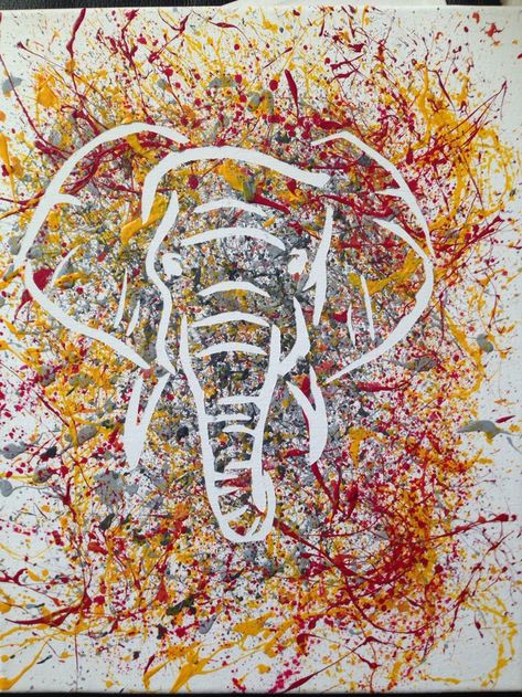 Outline Of Elephant, Painting Canvas Diy, Elephant Cut Out, Splatter Painting, Splatter Art, Canvas Diy, Afrique Art, Image 3d, Painting Media