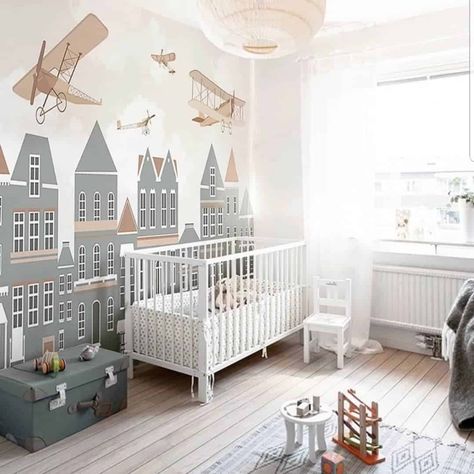 9 Incredible Examples of Airplane Themed Nursery to Inspire Your Next Decor Project Nursery Decor Wallpaper, Plane Nursery, Hands Wallpaper, Aviation Nursery, Travel Nursery, Airplane Nursery, Cozy Nursery, Stylish Nursery, Children Bedroom