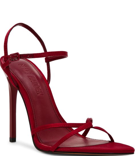 From Steve Madden, the Stellina Satin Strappy Point Toe Dress Sandals feature:Satin fabric upperAnkle strap with adjustable buckle closureSynthetic liningSynthetic outsoleApprox. 4.5" heel heightImported. Formal Heels For Women, Prom Shoes Red, Homecoming Heels, Pretty Heels, Formal Heels, Burgundy Heels, Dr Shoes, Shoes Heels Classy, Steve Madden Sandals