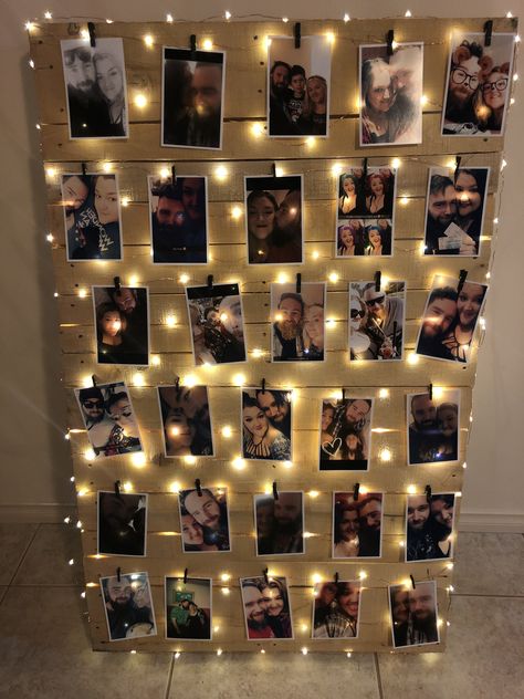 Hanging Pictures For Birthday Party, 30th Photo Board, Photo Wall Collage For Birthday, Photo Wall Collage Party, Picture Lights Wall Photo Displays, Birthday Picture Wall, Photo Wall Party, Birthday Picture Board, Pallet Picture Display