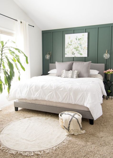 Farmhouse Tour Friday {vol.19} Green And White Bedroom, Farmhouse Tour, Diy Upholstery, Dark Green Walls, Farmhouse Style Bedrooms, Sage Green Bedroom, Upholstery Projects, Green Walls, Bilik Tidur