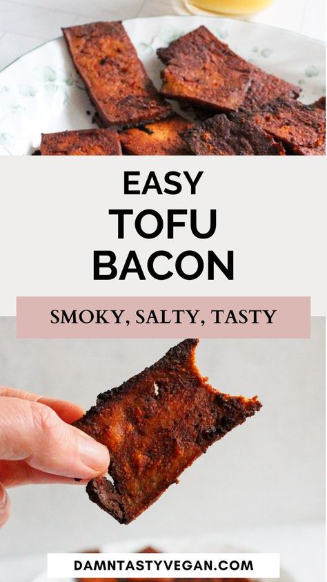 Vegan tofu bacon being held by a hand. Shaved Tofu Recipes, Smoked Tofu, Tofu Lunch Meat, Smoked Tofu Dishes, Grated Tofu Recipes, Shredded Tofu, Tofu Bacon Recipe, Tofu Bacon Marinade, Shredded Tofu Recipe