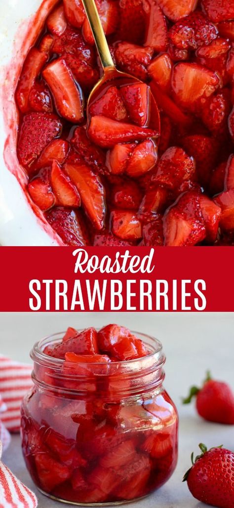 Roasted Strawberries - Sweet and juicy roasted strawberries. Eat them on their own, or use as a topping for yogurt, ice cream, oatmeal, pancakes or cake. #strawberries #fruit #easyrecipe #strawberry #summer Pancakes Oatmeal, Celebrating Sweets, Pancakes Pancakes, Strawberry Pancakes, Yogurt Ice Cream, Strawberry Summer, Roasted Strawberries, Cake Cream, Oatmeal Pancakes