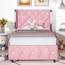 Bed Frames For Girls, Headboard Twin Bed, Pink Twin Bed, Tufted Headboard Bed, Twin Bed Frames, Twin Xl Bed Frame, Bed Frame Upholstered, Pink Headboard, Diamond Tufted Headboard