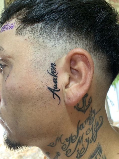 4 Letter Words Tattoo, Name Face Tattoo, Front Ear Tattoo, Side Face Tattoo Men, Sideburn Tattoo Guys, Side Of Face Tattoo, Side Face Tattoo, Faith Tattoo Designs, Small Face Tattoos