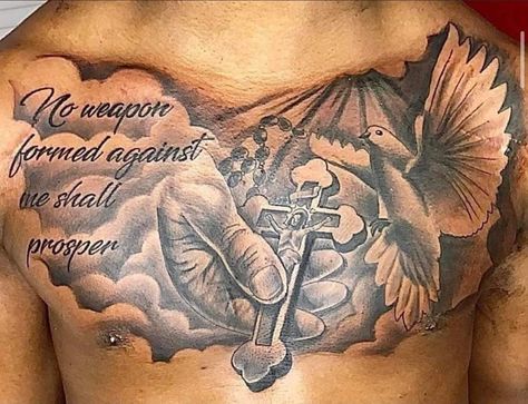 Chip On Shoulder Tattoo, God Chest Tattoo Men, Scripture Chest Tattoos For Men, Men Full Chest Tattoo, Chest Piece Tattoos Mens Stencil, Bible Verse Chest Tattoo Men, Meaningful Chest Tattoos For Men, Chest Piece Tattoos Mens Black, Cloud Chest Tattoo Men