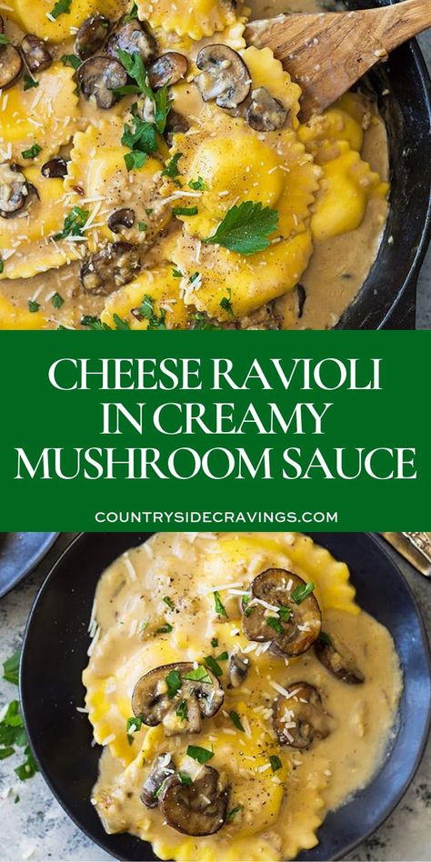 This Cheese Ravioli in Creamy Mushroom Sauce is made easy using store bought ravioli and made extra decadent with a simple garlic mushroom cream sauce! #cheeseravioli #easydinnerrecipes Creamy Mushroom Ravioli, Mushroom Ravioli Sauce, Cheese Ravioli Recipe, Spinach And Cheese Ravioli, Spinach And Ricotta Ravioli, Ravioli Sauce, Mushroom Cream Sauce, Spinach Ravioli, Mushroom Ravioli