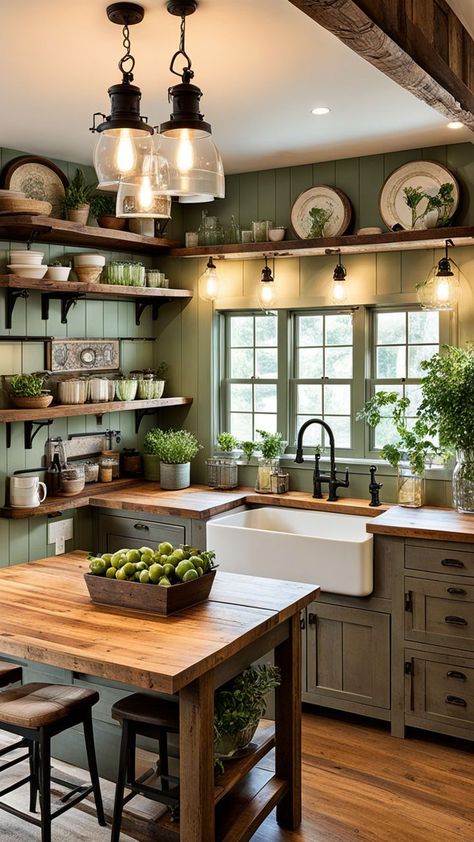 Small Farm Style Kitchen, Homey Kitchen Rustic, Cottagecore Modern Kitchen, Bungalow Style Kitchen, How To Make Small Kitchens Feel Bigger, Farmhouse Simple Kitchen, 1920 Kitchen Ideas, Adirondack Kitchen Ideas, Small Brick Kitchen