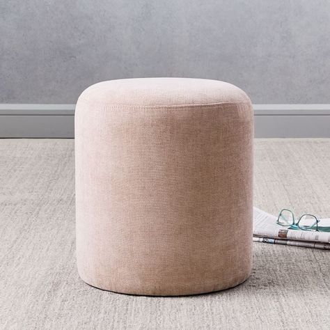 West Elm Auburn Ottoman Ottoman Stool, Round Ottoman, Foot Stool, Room Planning, Upholstered Ottoman, Leather Ottoman, Frame Wall Decor, Key Details, Engineered Hardwood