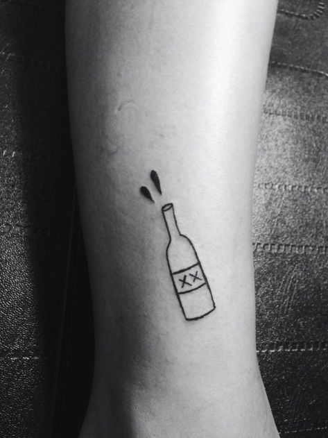 Beer Bottle Tattoo Small, Small Bottle Tattoo, Liquor Bottle Tattoo, Bottle Of Wine Tattoo, Alcohol Bottle Tattoo, Alcohol Tattoo Ideas, Beer Bottle Tattoo, Wine Bottle Tattoo, Beer Tattoo