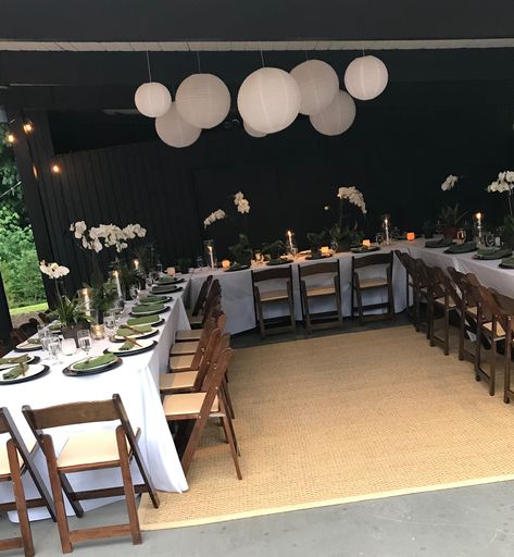 Dinner Party At Restaurant Decor, Garage Makeover For Party, Anniversary Dinner Party At Home, Garage Dinner Party, U Shaped Dinner Party, Inside Home Wedding Ideas, Draping A Garage For A Party, Front Yard Party Set Up, Garage Dinner Party Ideas