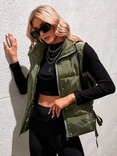 Army Green Casual Collar Sleeveless Polyester Plain Vest Embellished Non-Stretch  Women Outerwear Green Vest Outfit Fall, Olive Green Vest Outfit, Green Puffer Jacket Outfit, Sleeveless Jacket Outfit, Olive Green Jacket Outfits, Green Vest Outfit, Utility Vest Outfit, Sleevless Jacket, Fall Vest Outfits