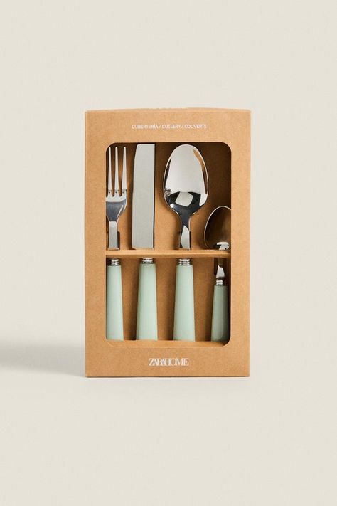 CUTLERY SET WITH HANDLE DETAIL - Sea green | ZARA United Kingdom Basic Makeup, Green Home Decor, Stainless Steel Cutlery, Book Stationery, Bathroom Cleaning, Cutlery Set, Clean Laundry, Sea Green, Zara Home