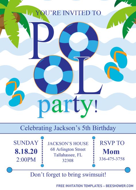 Free Pool Party Invitation Templates - Editable .Docx Swim Party Invitations, Pool Birthday Invitations, Party Invitations Templates, Pool Party Invitation Template, Birthday Pool Party, Splash Party, Pool Party Birthday Invitations, Swim Party, Pool Birthday