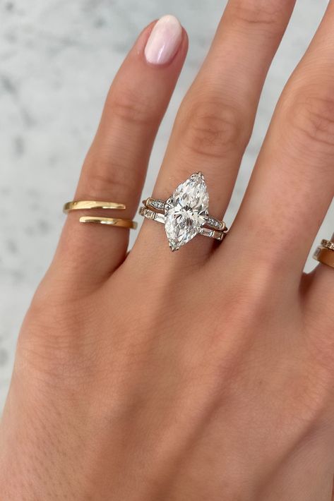 Marquise Engagement Ring With Chevron Band, Marquise 3 Stone Engagement Ring, Marquise Ring Stack, Moval Engagement Ring, Marquise Engagement Ring With Band, Marquise Wedding Band Set, Engagement Rings 101, Spooky Wedding, Marquis Diamond