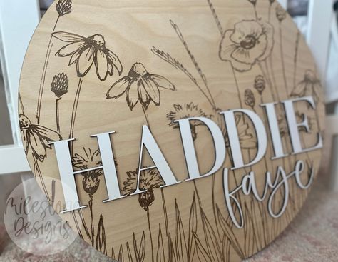 Wildflower Nursery Name Sign, Cute Name Signs, Baby Girl Name Signs For Nursery, Nursery Signs Name, Baby Girl Name Signs, Wildflower Nursery Theme, Baby Name Signs For Nursery, Round Name Signs, Nursery Signs Girl