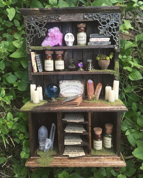 Diy Witch Cabinet, Witch Cabinets, Potion Display, Witches Cabinet, Fae Witch, Witch Cabinet, Witch Shelf, Miniature Hutch, Mini Crafts