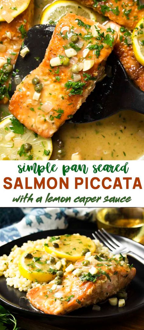 My recipe for salmon piccata with a lemon and caper sauce is pan seared in a skillet then served over pasta for a healthy and easy weeknight dinner. | justalittlebitofbacon.com #fishrecipes #dinnerrecipes #easyrecipes #salmon #dinner #salmonpiccata Salmon With Artichoke And Capers, Salmon Pasta Capers, Salmon Stovetop, Salmon Recipe Pan, Salmon Piccata, Recipe For Salmon, Piccata Sauce, Fish Dinners, Seared Salmon Recipes