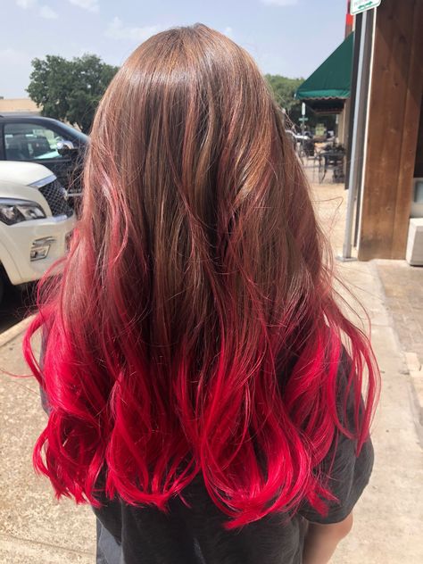 Red Ombre Hairstyle Red On Bottom Of Hair, Dyeing The Ends Of The Hair, Dyed Hair For Brunettes Red, Tips Of Hair Dyed Red, Brunettes With Red Highlights, Hair Dye Ideas For Redheads Natural Red, Bottom Half Dyed Hair Red, Shadow Root Brown To Red, Red Ends On Blonde Hair