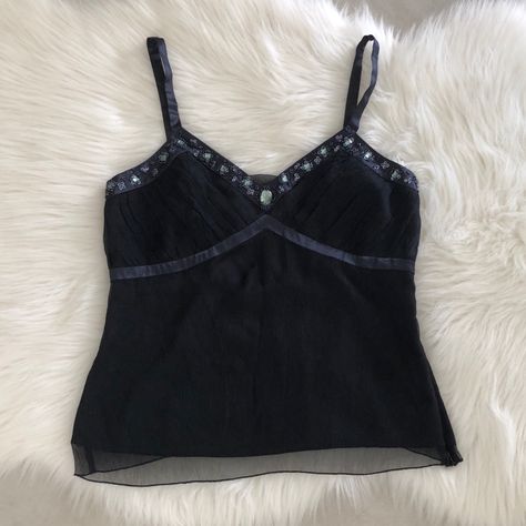 Beautiful Navy Blue Tank Top With Beading. Size Medium. The Material Is Feminine And Delicate. Tank Tops Grunge, Navy Blue Aesthetic Clothes, Whimsigoth Tank Top, Tank Top Under Shirt Outfit, Black And Navy Outfit, Emo Tank Top, Shirt To Tank Top, 2000s Tank Top, Blue Tank Top Outfit