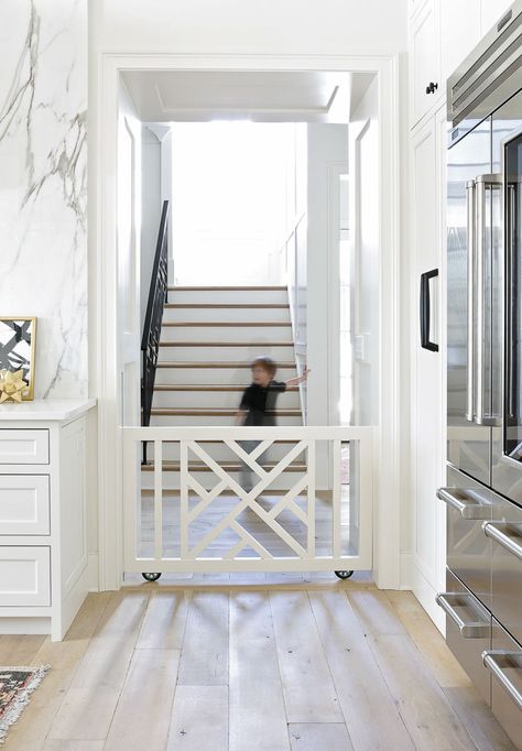 So in love with this built-in rolling baby and pet gate! Design by Lori Paranjape Style Me Pretty Living, Baby Gate, Baby Gates, Casa Exterior, Dog Gate, Pet Gate, Baby Proofing, Stainless Steel Appliances, Pocket Doors