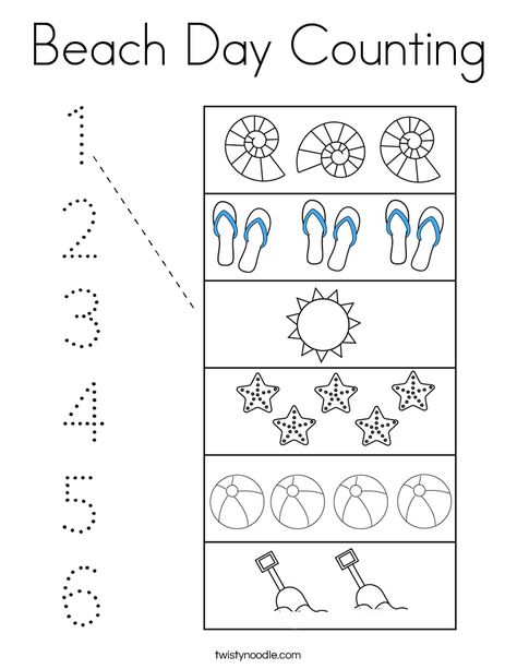 Beach Day Counting Coloring Page - Twisty Noodle Beach Worksheets For Preschool, Beach Worksheets For Kids, Beach Worksheet, Tea Activities, Preschool Curriculum Activities, Fall Preschool Worksheets, Beach Theme Preschool, Tracing Font, Teacher Images