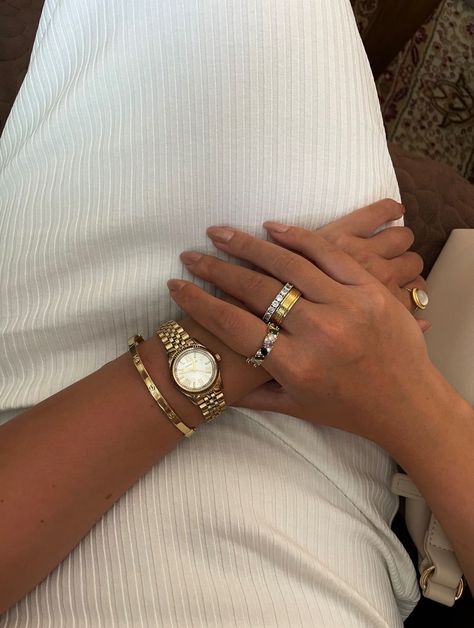 Stacked Gold Bracelets Aesthetic, Jewelry Stacks Gold, Silver Bracelet Stack With Watch, Silver And Gold Jewelry Mixing Aesthetic, Bracelet Stack Silver And Gold, Ring Stack Aesthetic, Gold And Silver Bracelet Stack, Jewlerie Aesthetic Gold And Silver, Jewelry Stacking