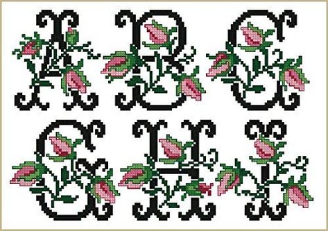 Cross Stitch Alphabets, Cross Stitch Letter Patterns, Monogram Cross Stitch, Cross Stitch Letters, Embroidery Alphabet, Embroidery Design Sets, Cross Stitch Alphabet, Floral Monogram, Free Embroidery Designs