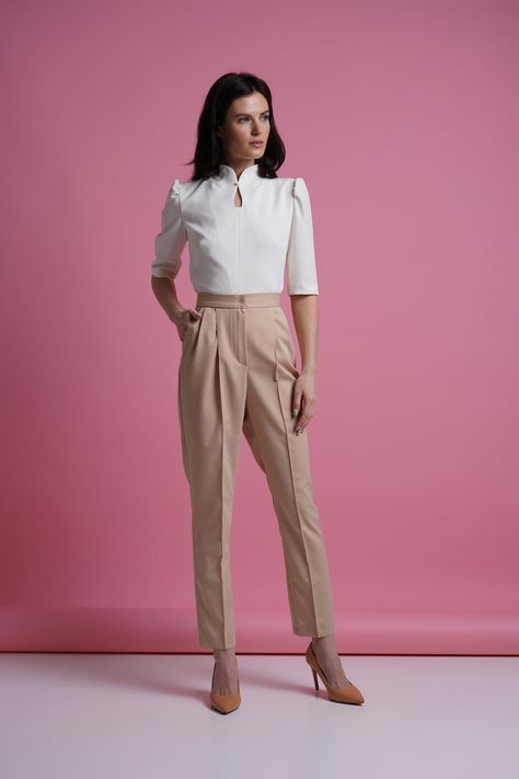 High Neck White Blouse, Pegged Pants, Qipao Top, Mandarin Collar Blouse, Skater Dresses Casual, Puffy Sleeve Top, Peg Pants, Mandarin Collar Shirt, Office Shirt