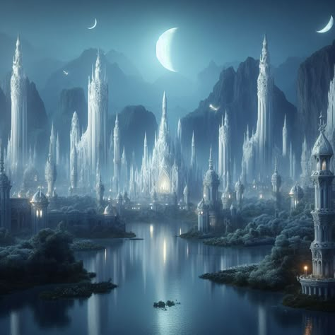 Moonlight Kingdom Aesthetic, Mythical World Art, Moon Temple Fantasy Art, Fantasy Ocean Kingdom, Sea City Fantasy Art, Star Kingdom Fantasy Art, Moon City Fantasy Art, Fantasy Kingdom Inspiration, Magic City Fantasy Art