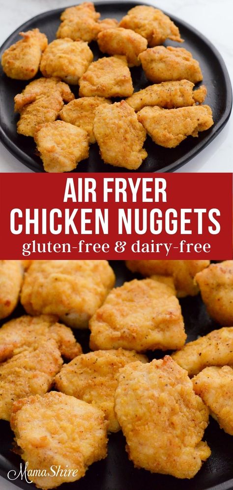 Gluten-free chicken nuggets on a black plate on top and a close-up on the bottom of the photo. Air Fried Chicken Nuggets, Air Fryer Chicken Nuggets, Gluten Free Chicken Nuggets, Gluten Free Dinner Easy, Chicken Nugget Recipes, Air Fried Chicken, Air Fryer Recipes Chicken, Best Gluten Free Recipes, Gluten Free Recipes For Dinner