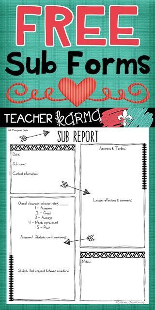 FREE Sub Report Forms    TEACHERS & SUBSTITUTES: It is passed mid-April and I know we are ALL needing a bit of a break right about now! Leaving clear notes and organized classroom information for our substitutes is an absolute must... especially this time of year. These substitute forms are perfect for adding to your Sub Binder! Click here or on the graphic above to get your FREE Sub Report Forms. Best wishes!  sub forms sub notes sub organization substitute binder http://teacherkarma.com Notes From Substitute Teacher, While You Were Out Substitute Form, Sub Folders For Teachers, Sub Notes To Teacher, Substitute Teacher Report, Substitute Teacher Forms, Substitute Teacher Tips, Substitute Folder, School Diy Ideas