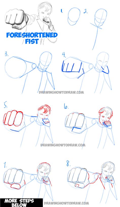 Learn How to Draw Foreshortened Fists : Step by Step Drawing Tutorial Man Punching Reference, Easy Foreshortening Drawing, How To Draw Pointing Finger, Foreshortening Tutorial, Foreshortening Reference, Drawing Foreshortening, Poses Perspective, Reference Cartoon, Perspective Reference