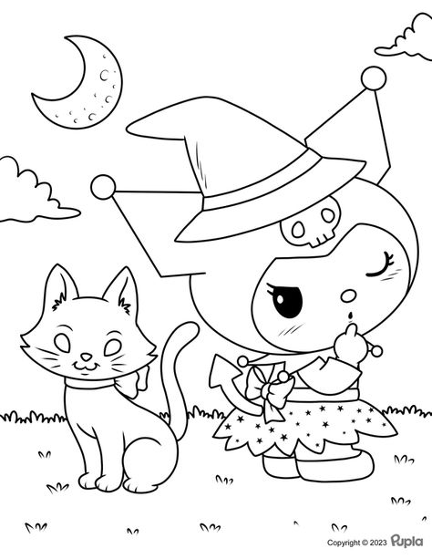 Kuromi in Halloween Clothes with a Cat Coloring Page My Melody Halloween Coloring Pages, Kuromi Coloring Pages Printable, Kuromi Lineart, Hello Kitty Halloween Coloring Pages, Coloring Pages Kuromi, Kuromi Coloring Page, Kuromi Dibujos, Sanrio Coloring Pages Printable, Kuromi Dibujo