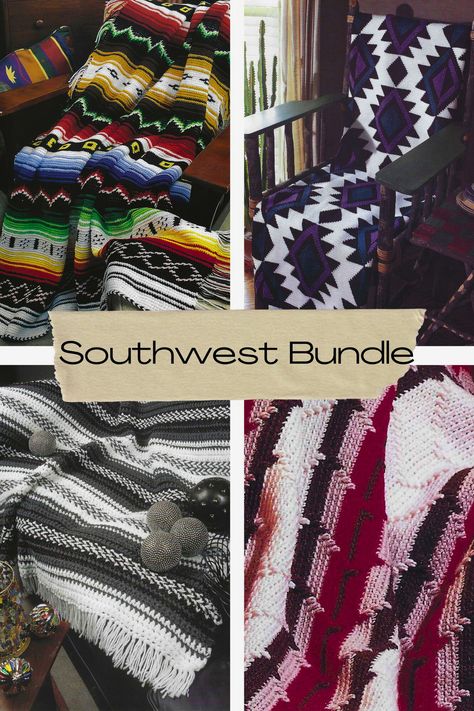 Southwestern Blanket Bundle CROCHET PATTERN Indian Blanket or Native American Throw Navajo Style Colorful Afghans by HookedonPatternsShop on Etsy Navajo Blanket Pattern Crochet, Navajo Crochet Afghan Pattern Free, Western Crochet Blanket, Crochet Indian Blanket Free Pattern, Native American Crochet Patterns, Southwestern Blanket, Southwestern Blankets, Navajo Blanket, Navajo Pattern